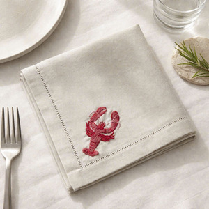 Custom Wholesale Embroidery Red Lobster Natural <b>Linen</b> Dinner Napkin Hemstitch <b>Cloth</b> Napkin Machine Washable Durable Home Hotel - Product Image 1