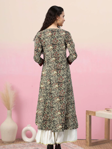 Kurta Anarkali en coton marron imprimé Kalamkari pour femme, col rond, manches trois-quarts, tenue ethnique festive mondiale artisanale - Product Image 2