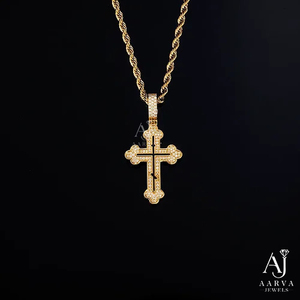 AARVA JEWELS Pendentif Croix Hip Hop en Argent 925 Plaqué Or Jaune avec Moissanite Ronde Brillante Sertie Griffe pour Unisexe - Product Image 2