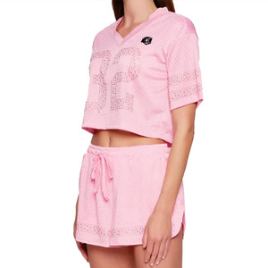 Trendy Women’s Pink Rhinestone Mesh Crop American Football Jersey Customized Pink Two Piece Sportswear Private Label Jersey Set - Product Image 5