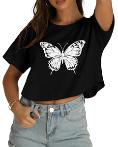 เสื้อยืดผู้หญิงทรงริงเกอร์ ดีไซน์สวย น้ำหนักเบา ระบายอากาศได้ดี ไม่ยับลายผีเสื้อ แขนสั้นทรงหลวม - Product Image 1