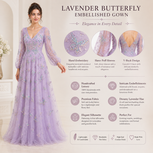 Vestidos de noche de lujo con bordado de lavanda, diseño de mariposa, manga larga, vestido de tul natural |   Ropa Elegante para Fiestas, OEM Privado - Product Image 4