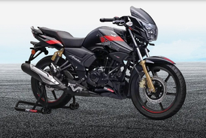 Motocyclette TVS "APACHE RTR 180" avec des touches sportives rouge, noir, argent et bleu vif, style Scrambler. - Product Image 2