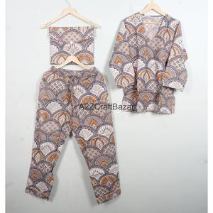 Eco-Friendly Hand Block Printed Cotton Pajama <b>Set</b> with Elastic Waist for All Seasons Long Sleeve Top Pants for Women - Product Image 5