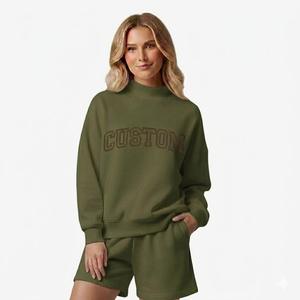 <b>Womens</b> Pink Solid "CUSTOM" Text Print Mock Neck Oversized Sweatshirt and <b>Shorts</b> Set <b>Long</b> Sleeve Casual Streetwear Activewear - Product Image 6