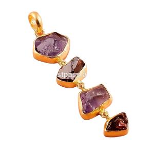 Plata esterlina 925 cuatro colgante bruto amatista Natural Granet de piedras preciosas chapado en oro de la joyería hecha a mano - Product Image 1