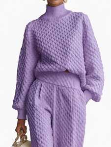 Women Lavender Knit Two Piece <b>Set</b> Turtleneck <b>Top</b> <b>Long</b> Pants Winter Outfit - Product Image 4