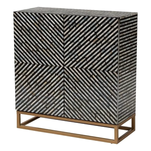 Handcrafted <b>black</b> and white geometric chevron pattern <b>side</b> <b>cabinet</b> serving as a premium storage Capiz nightstand for bedroom - Product Image 1
