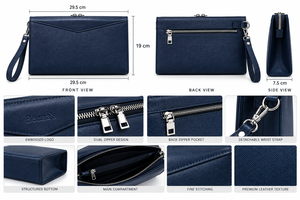 Pochette Homme Grande en Cuir Véritable Bleu Marine Imperméable avec Blocage RFID, Fermeture Éclair et Dragonne, Sac à Main Minimaliste Professionnel - Product Image 5