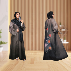 Abaya de Lino con Estampado Floral Artístico Digital, Diseño Holgado en la Espalda, Pañuelo a Juego, Elegante y Modesto, Largo hasta el Suelo, para Oración en Ramadán - Product Image 1