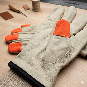 Leather Work <b>Gloves</b> With Orange Fingertip Reinforcement Anti-Slip General Purpose Safety <b>Gloves</b> Straight Cuff - Product Image 5