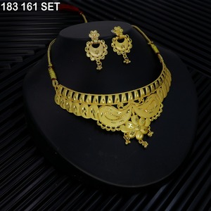 MIJ Elegant Gold Plated Vintage Style Geometric Design Women's <b>Bridal</b> Necklace Earring Set Ceylon Style South Indian Kandyan Set - Product Image 5