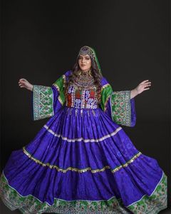 Afghani <b>Dress</b> Women Traditional Embroidered Purple Green Floor Length Ball Gown Choker Neck Full Sleeve Elegant <b>Formal</b> Wear - Product Image 5
