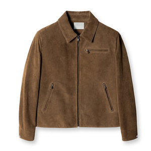 <b>Men's</b> Brown <b>Suede</b> Leather <b>Jacket</b> Casual Turn-down Collar Zipper Closure Regular Fit Autumn Wear - Product Image 1