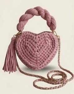 Bolso de Mano de Ganchillo con Corazón Étnico para Mujer - Bolso de Hombro Boho Rosa Empolvado con Dos Correas y Perlas, Tejido de Cordón de Algodón - Product Image 1