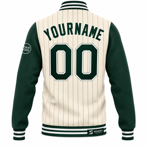 SINEWY SPORTS <b>Men's</b> Pinstripe Varsity <b>Jacket</b> Custom Name Number Green Cream <b>Baseball</b> Style Sporty Outerwear Autumn Wear - Product Image 3