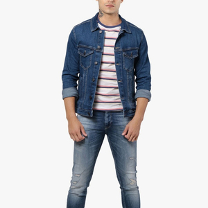 2026 Men's <b>Denim</b> <b>Jacket</b> Slim Fit Button Fly Distressed Wash Casual Autumn Cotton Striped T-Shirt Layered Look - Product Image 1