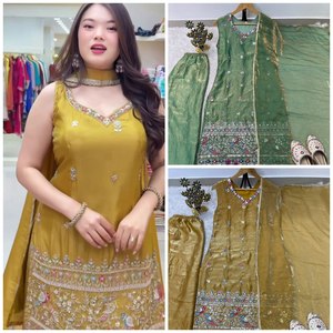 ชุดส่าหรีผ้าไหมสีทองแบบดั้งเดิมสำหรับผู้หญิง พร้อมผ้าคลุมไหล่ปักลาย สำหรับงานแต่งงาน สไตล์อินเดีย-ปากีสถาน ทรงหลวม ยาวคลุมเท้า - Product Image 3