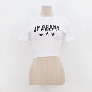 Women's Pink Crop T-<b>Shirt</b> Short Sleeve Crew Neck Letter Print <b>Star</b> Decoration Casual Style Spring Summer 100% Cotton Jersey - Product Image 4