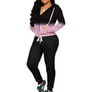 Conjunto Deportivo para Mujer con Degradado de Color, Cierre de Cremallera en Manga Larga, Corte Regular, Pantalones Casuales para Correr, Transpirable, de Poliéster y Algodón, para Otoño - Product Image 1