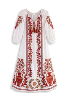 High Quality Mexican Style Embroidered Butterfly Sleeve Kaftan Caftan Wedding Festival Boho 100% Cotton Maxi <b>Dress</b> - Product Image 5