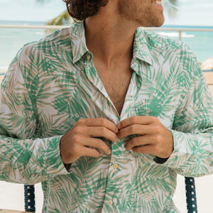 Camisa informal de manga larga con estampado de palmeras tropicales para hombre, cuello vuelto, camisa de popelina tejida con botones para verano - Product Image 3