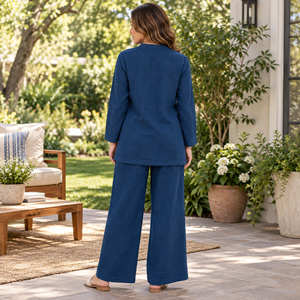 Conjunto de lino para mujer, top azul de manga larga, pantalones de pierna ancha con cintura elástica, atuendo informal de verano | Conjunto de Dos Piezas para Mujer - Product Image 2