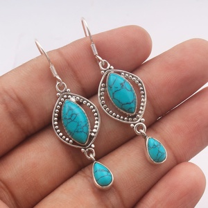 925 Sterling <b>Silver</b> Natural Turquoise Drop <b>Dangle</b> <b>Earrings</b> Handmade Marquise Shape Boho Vintage Wholesale <b>Silver</b> <b>Earrings</b> - Product Image 2