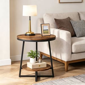 2-Tier Rustic Industrial Round <b>End</b> <b>Table</b> with <b>Storage</b> Shelf Accent Nightstand for Living Room Bedroom - Product Image 1