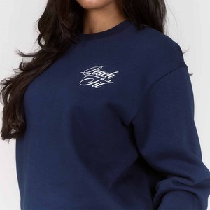 Women's Navy Blue Fleece Crew Neck Sweatshirt <b>Peach</b> Fit Letter Print Casual Loose Fit All Seasons Daily Wear 100% Cotton - Product Image 3