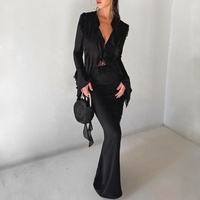 Ensemble de survêtement élégant à volants de qualité, unique, formel pour femme, en maille noire et en mousseline, robe pour femme, col en V profond
