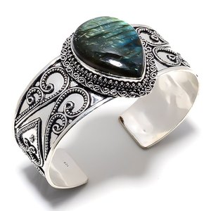 Pulsera de Estilo Vintage de Lujo con Labradorita Azul Fuego Natural, Perla de Agua Dulce Chapada en Plata Tibetana, Joyería Fina Hecha a Mano - Product Image 4