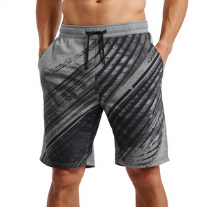 Shorts de bain gris rayés pour hommes, taille mi-haute, avec cordon de serrage, séchage rapide, style décontracté, en tissu tricoté, avec poches - Product Image 1