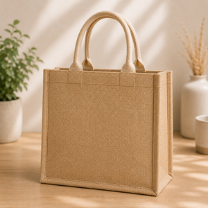Sac de courses en jute de taille moyenne avec motif de feuilles brodé et poignée supérieure - Product Image 6