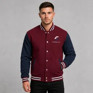 Chaqueta Varsity Unisex Storm Fit Color Granate y Azul Marino, Estilo Urbano, Logotipo Bordado, Cuello Alto, Corte Regular, Ropa de Invierno - Product Image 1