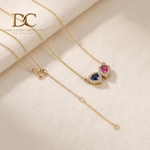 14KT <b>Solid</b> Yellow <b>Gold</b> Necklace <b>Pendant</b> with Lab Grown Diamond and Lab Grown Pink Tourmaline and Blue Sapphire Women's Jewelry - Product Image 4