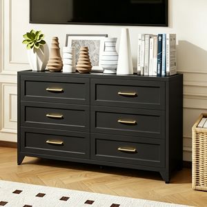 Commode à 6 tiroirs en bois massif pour chambre à coucher, coffre de rangement moderne en métal avec tiroirs à glissière fluide, armoire gain de place - Product Image 1