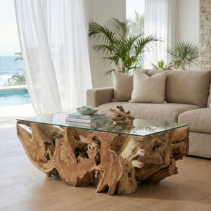 Mesa de Centro de Raíz de Teca Hecha a Mano, Pieza Central Natural Única para Salas de Estar con Diseño Rústico Ecológico y Tapa de Vidrio - Product Image 1