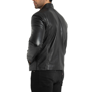 <b>Men</b> Black Genuine <b>Leather</b> <b>Jacket</b> Moto Biker Style Stand Collar Zipper Closure Slim Fit Regular Length Autumn Wear - Product Image 2