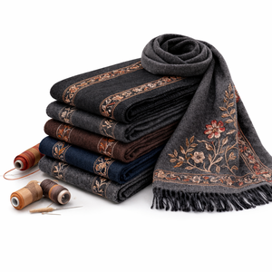 Bufanda de Lana para Hombre con Bordado de Puntos a Mano, Chal de Invierno Suave y Cálido con Diseño Floral, para Uso Formal o Casual, Ideal para Regalo - Product Image 1