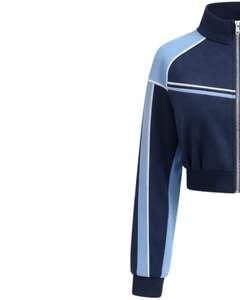 Veste de sport courte pour femme bleu marine et bleu ciel, zippée, avec rayures contrastées, idéale pour la gym et le fitness - Product Image 2