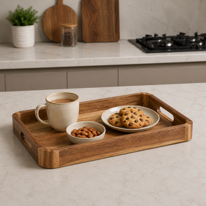 Premium Acacia Wood Serving Tray with Handles | Rectangle Wooden Breakfast Tray for Home Hotel Restaurant Kitchen Coffee <b>Table</b> - Product Image 3
