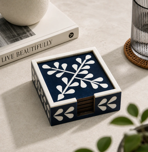 Bone Inlay <b>Coaster</b> High on Demand <b>Blue</b> White Leaf Pattern Modern Design Reusable Table Bone Inlay <b>Coaster</b> Mats - Product Image 1