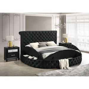 Queen Size Unique Plush <b>Black</b> Velvet Button-Tufted <b>Storage</b> <b>Bed</b> with 2x Wooden Nightstands 3pc Bedroom Furniture Set - Product Image 2