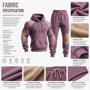 Ensemble de survêtement matelassé violet pour homme avec empiècements beiges, manches longues, tenue décontractée d'automne, pantalon uni à cordon de serrage - Product Image 6
