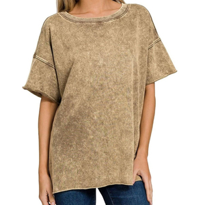 High Quality <b>Acid</b> Washed Knitted Print Women's Vintage T-Shirts <b>Drop</b> Shoulder Streetwear 100% Cotton Eco-Friendly Breathable - Product Image 1