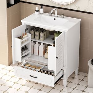 30 pollici stile Vintage bagno bianco vanità con lavello Multi-funzionale porta porta portaoggetti Soft-Closing - Product Image 6