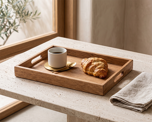 Plateau de service et de rangement moderne en acacia avec poignées, finition polie, pour bureau, restaurant, hôtel, maison - Product Image 6
