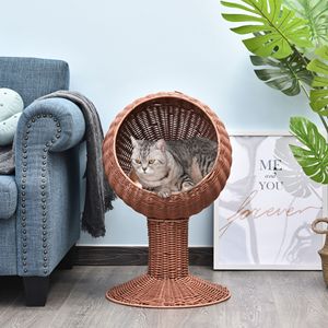 Cuccia per Gatti in Erba Naturale Intrecciata, Sedia a Uovo Girevole, Cesto Letto per Gatti con Cuscino Spesso, Letto Rialzato Marrone per Gatti - Product Image 6