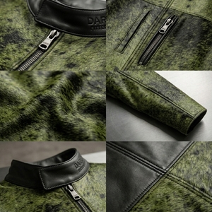 Wholesale <b>Men</b> Cowhide Hair on <b>Leather</b> <b>Jacket</b> Moss Green Cow Fur Biker Coats Custom Streetwear Outerwear Fashion Apparel - Product Image 6